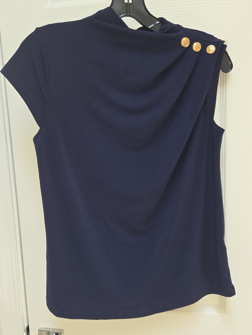 Cable & Gauge Navy Sleeveless Draped Shoulder Top with Gold Buttons